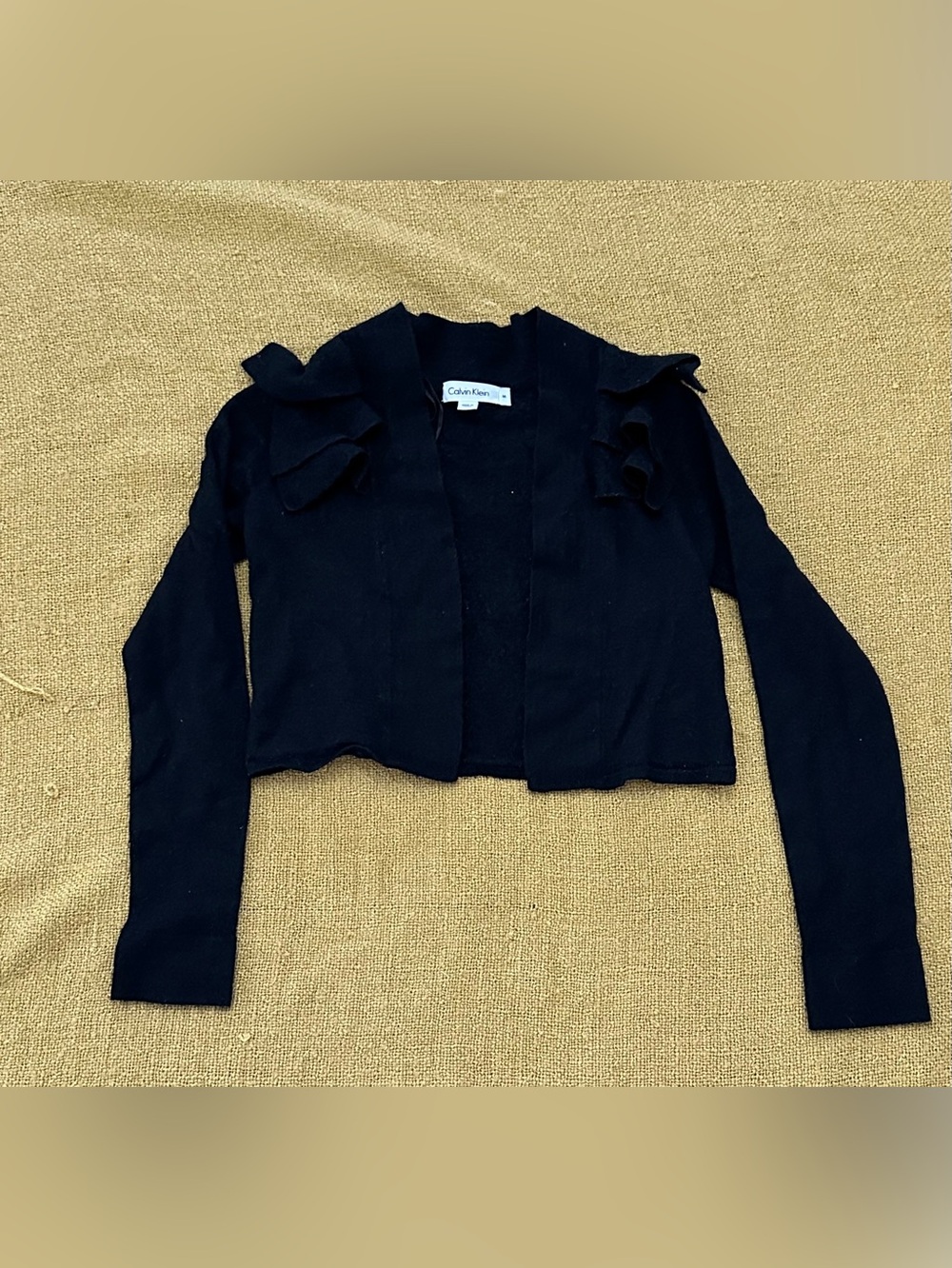 Calvin Klein Black Cropped Ruffle-Shoulder Cardigan
